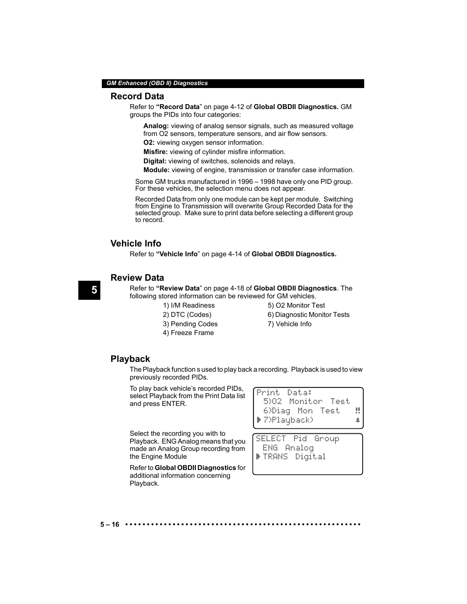 Record data, Vehicle info, Review data | Playback | Actron 9640 User Manual | Page 78 / 156