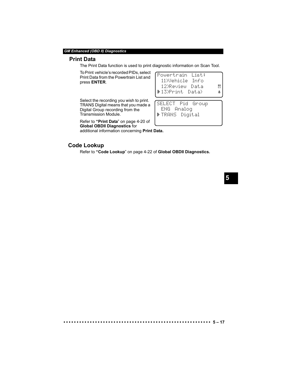 Print data, Code lookup | Actron 9640 User Manual | Page 79 / 156