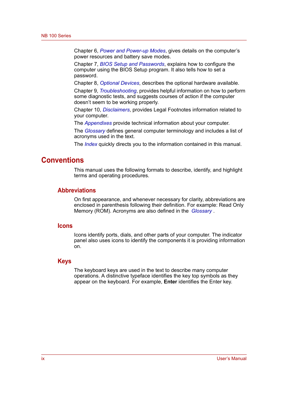Conventions, Abbreviations, Icons | Keys | Toshiba NB100 User Manual | Page 10 / 127