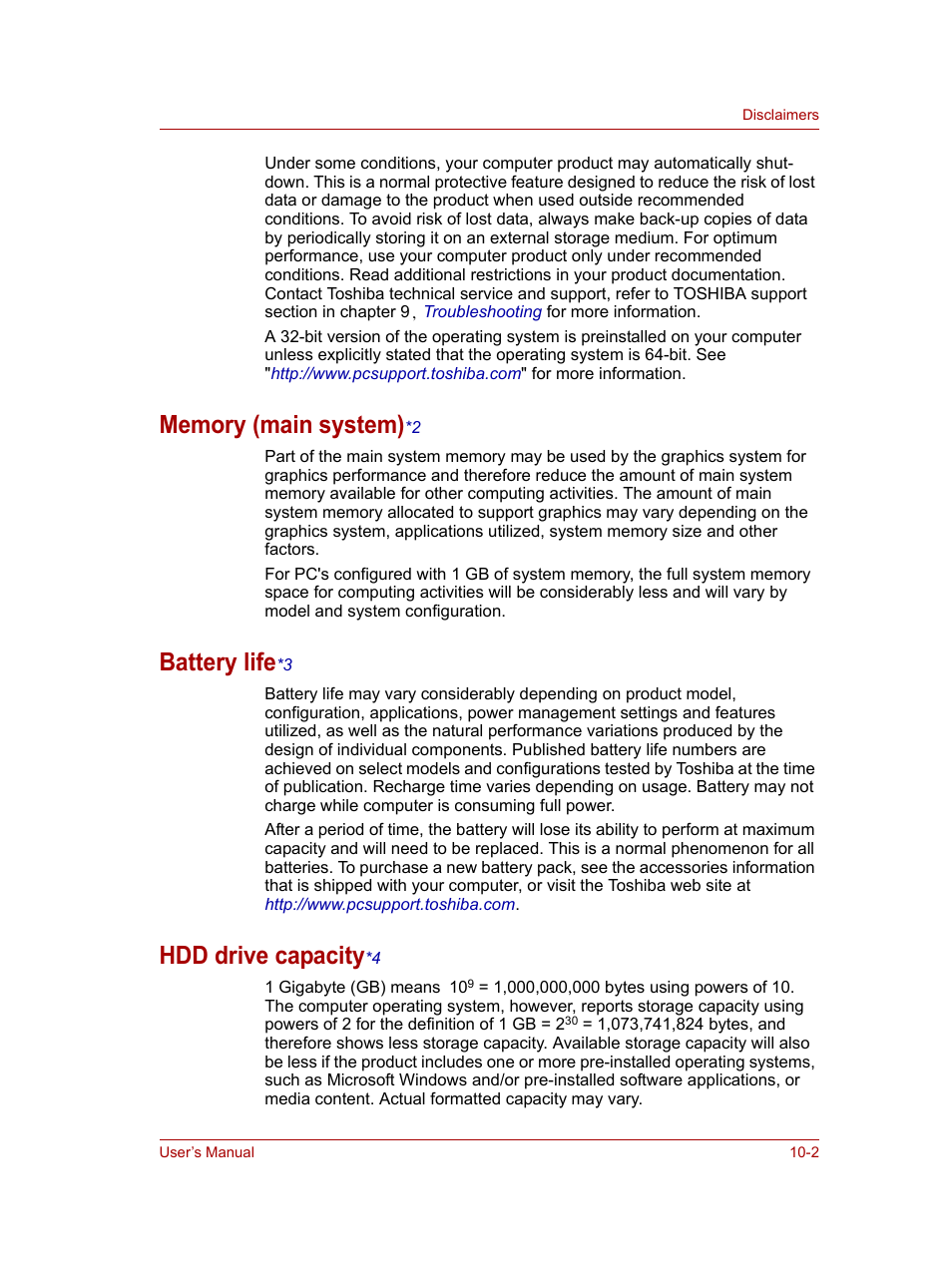 Memory (main system)*2, Battery life*3, Hdd drive capacity*4 | Memory (main system), Battery life, Hdd drive capacity | Toshiba NB100 User Manual | Page 100 / 127