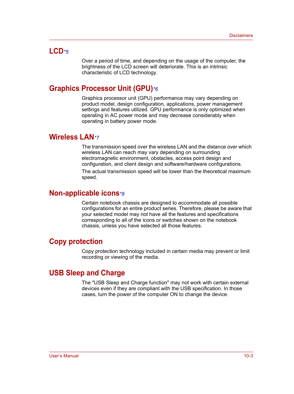 Lcd*5, Graphics processor unit (gpu)*6, Wireless lan*7 | Non-applicable icons*8, Copy protection, Usb sleep and charge, Graphics processor unit (gpu), Wireless lan, Non-applicable icons, Copy protection -3 usb sleep and charge -3 | Toshiba NB100 User Manual | Page 101 / 127