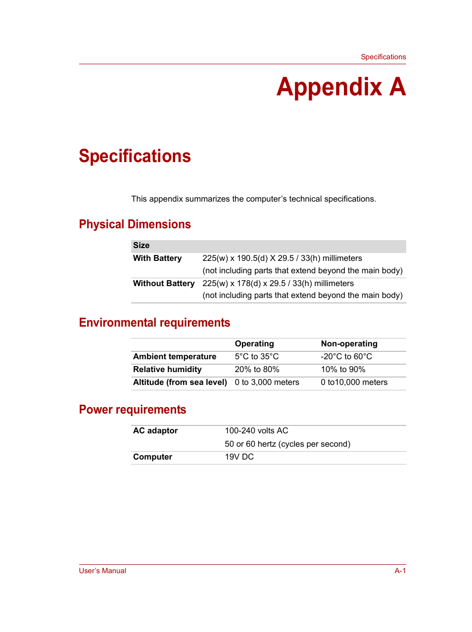 Appendix a: specifications, Appendix a, Specifications | Toshiba NB100 User Manual | Page 102 / 127