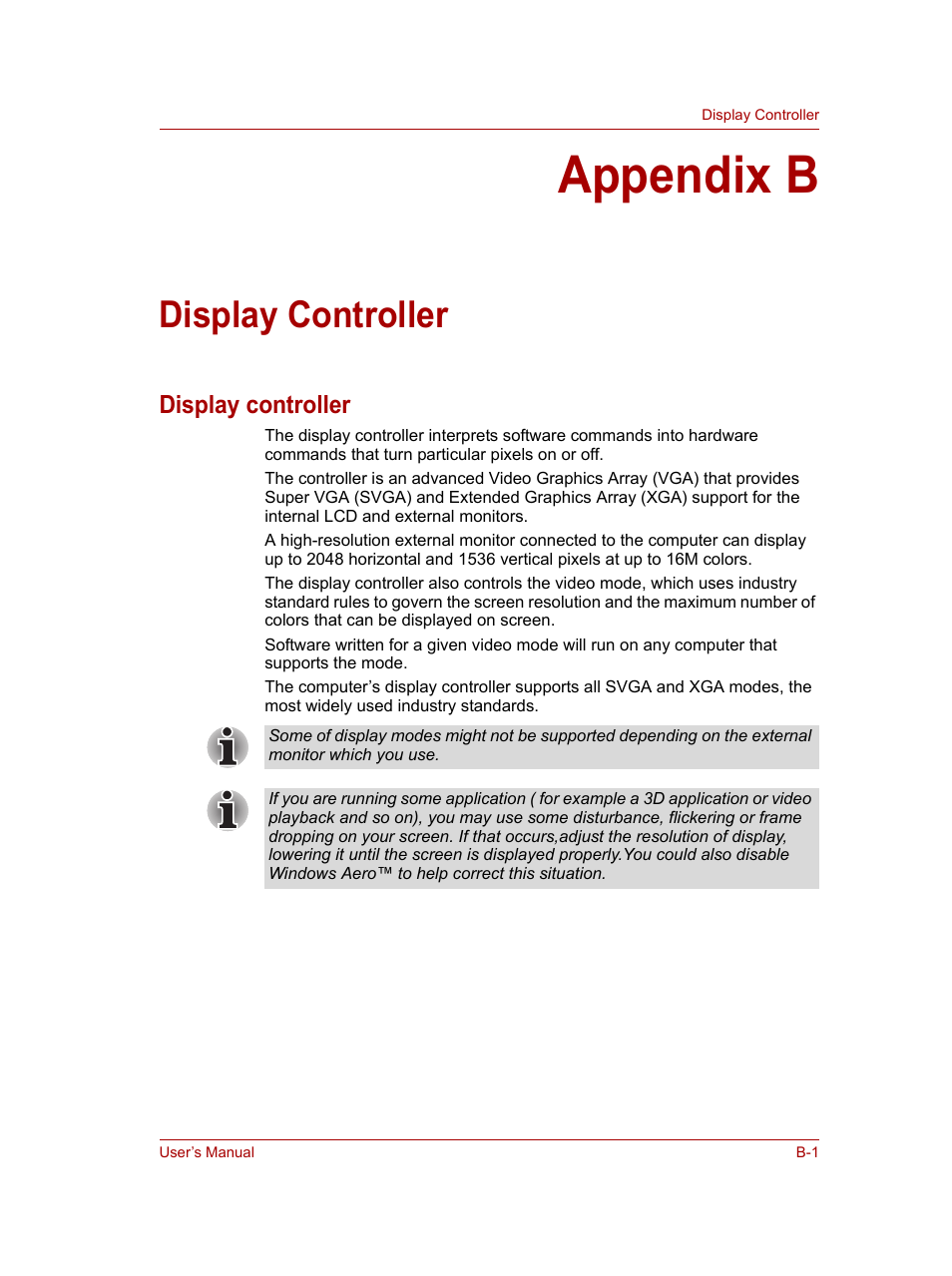 Appendix b: display controller, Appendix b, Display controller | Toshiba NB100 User Manual | Page 103 / 127