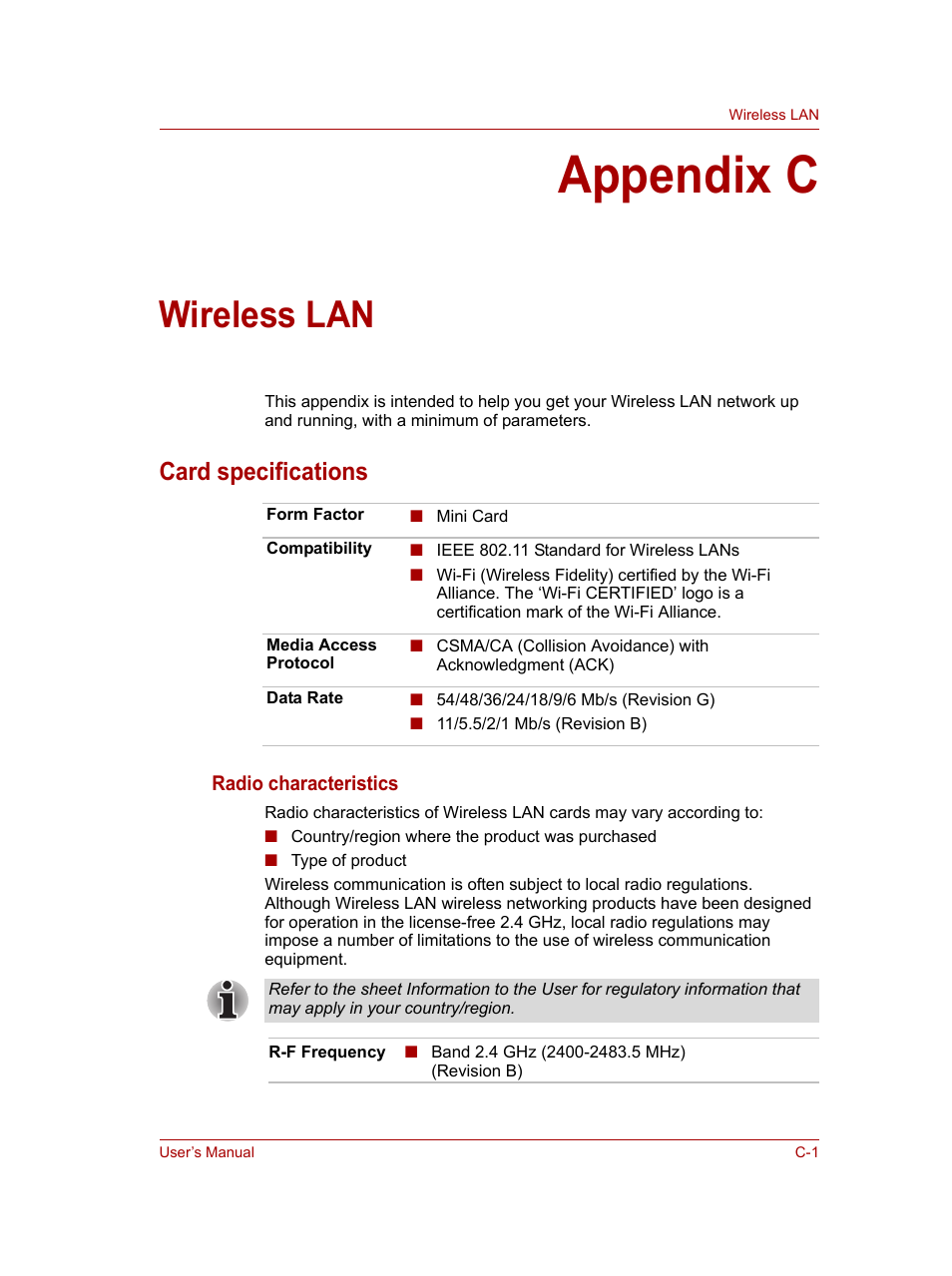 Appendix c: wireless lan, Appendix c, Wireless lan | Card specifications | Toshiba NB100 User Manual | Page 104 / 127