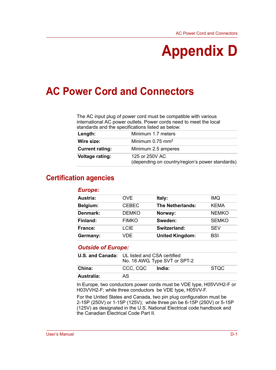 Appendix d: ac power cord and connectors, Appendix d, Ac power cord and connectors | Certification agencies | Toshiba NB100 User Manual | Page 107 / 127