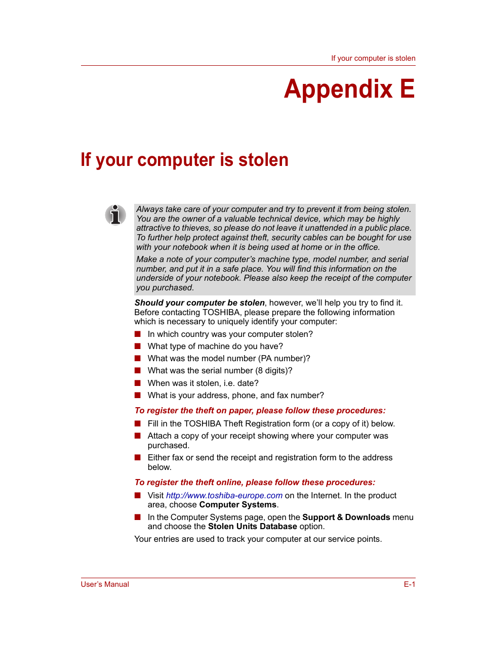 Appendix e: if your computer is stolen, Appendix e, If your computer is stolen | Toshiba NB100 User Manual | Page 109 / 127