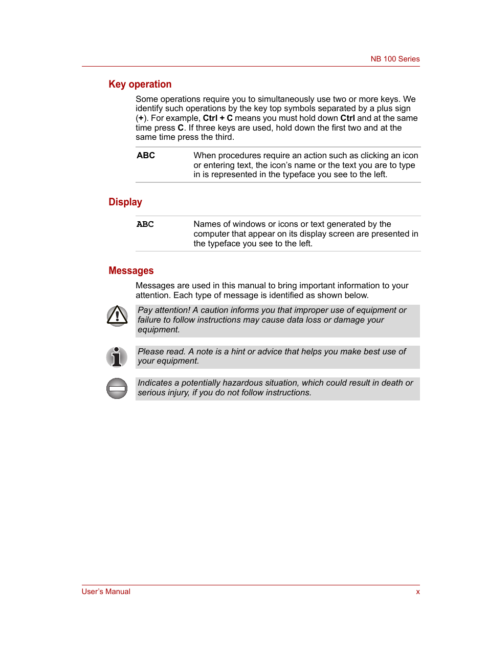Key operation, Display messages | Toshiba NB100 User Manual | Page 11 / 127
