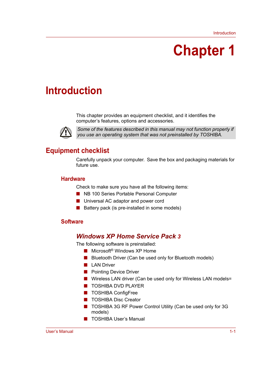 Chapter 1: introduction, Equipment checklist, Chapter 1 | Introduction, Equipment checklist -1, Windows xp home service pack | Toshiba NB100 User Manual | Page 17 / 127