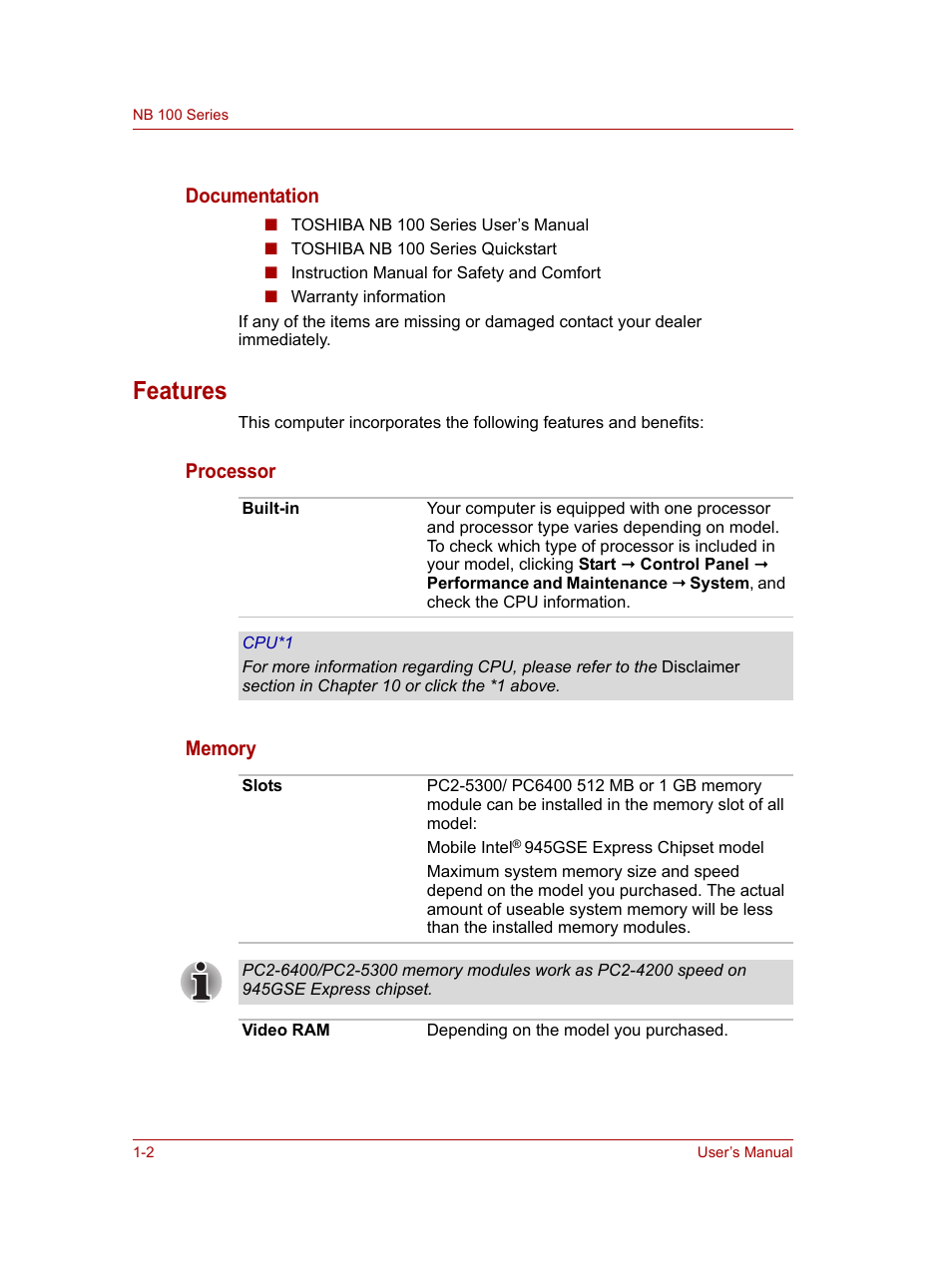 Features, Features -2, Documentation | Toshiba NB100 User Manual | Page 18 / 127