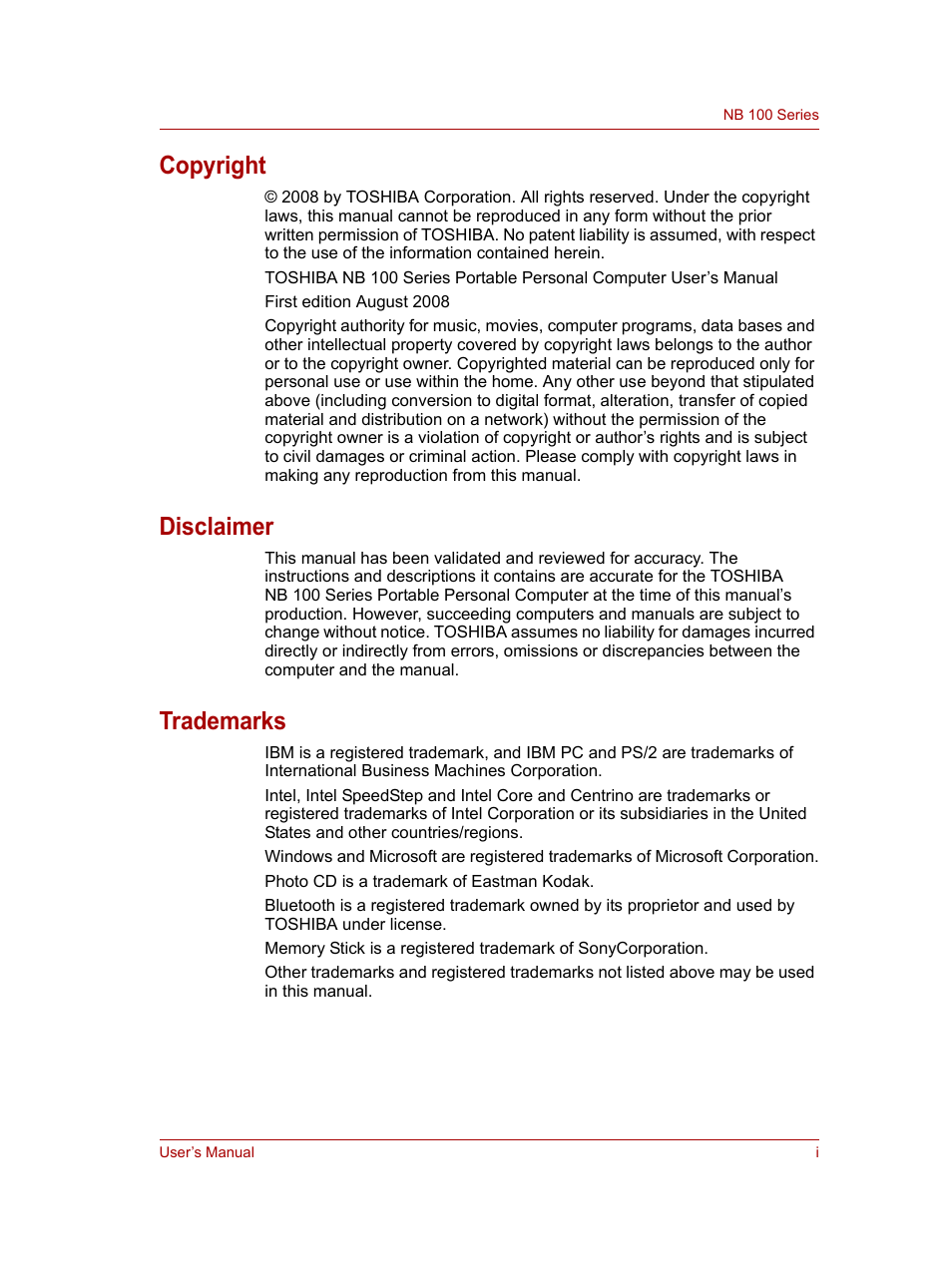 Copyright, Disclaimer, Trademarks | Toshiba NB100 User Manual | Page 2 / 127