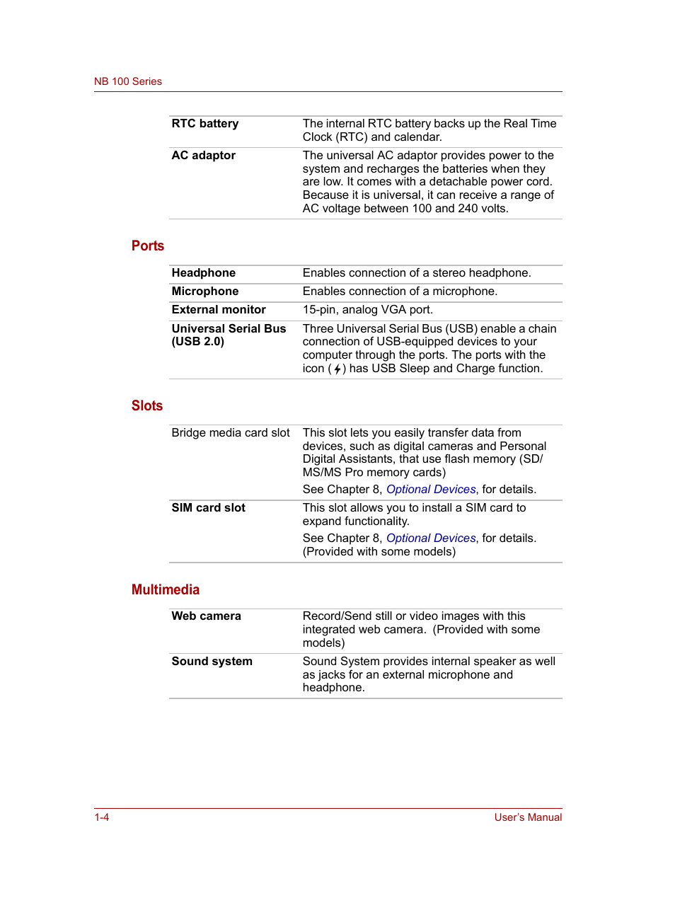 Ports slots multimedia | Toshiba NB100 User Manual | Page 20 / 127