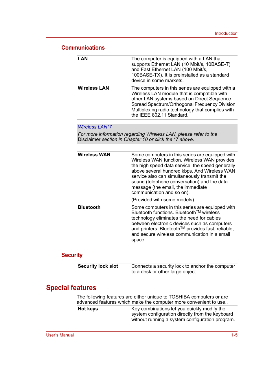 Special features, Special features -5, Special | Features, Section of the, Communications security | Toshiba NB100 User Manual | Page 21 / 127