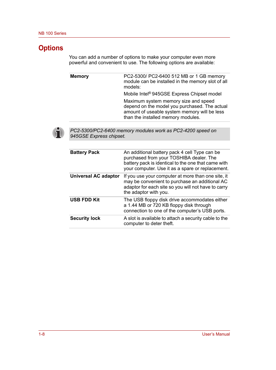 Options, Options -8 | Toshiba NB100 User Manual | Page 24 / 127