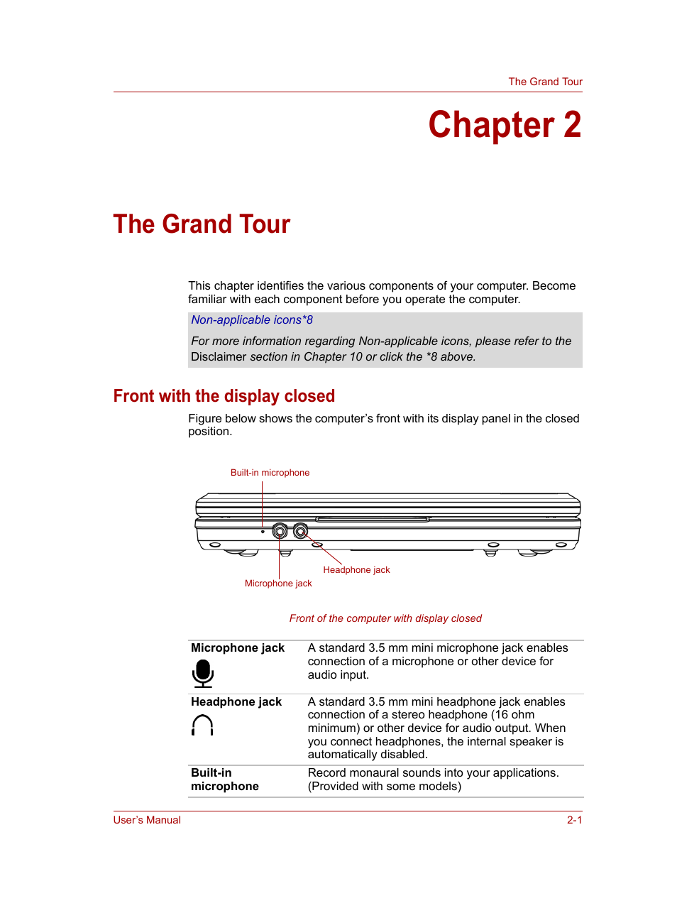 Chapter 2: the grand tour, Front with the display closed, Chapter 2 | The grand tour, Front with the display closed -1 | Toshiba NB100 User Manual | Page 25 / 127