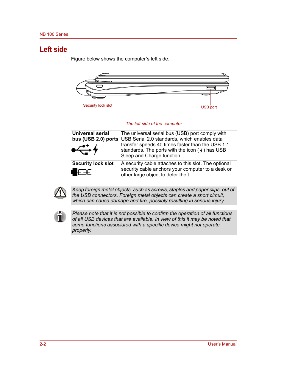 Left side, Left side -2 | Toshiba NB100 User Manual | Page 26 / 127