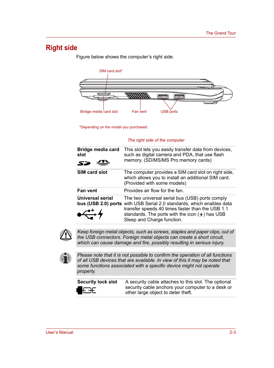 Right side, Right side -3 | Toshiba NB100 User Manual | Page 27 / 127