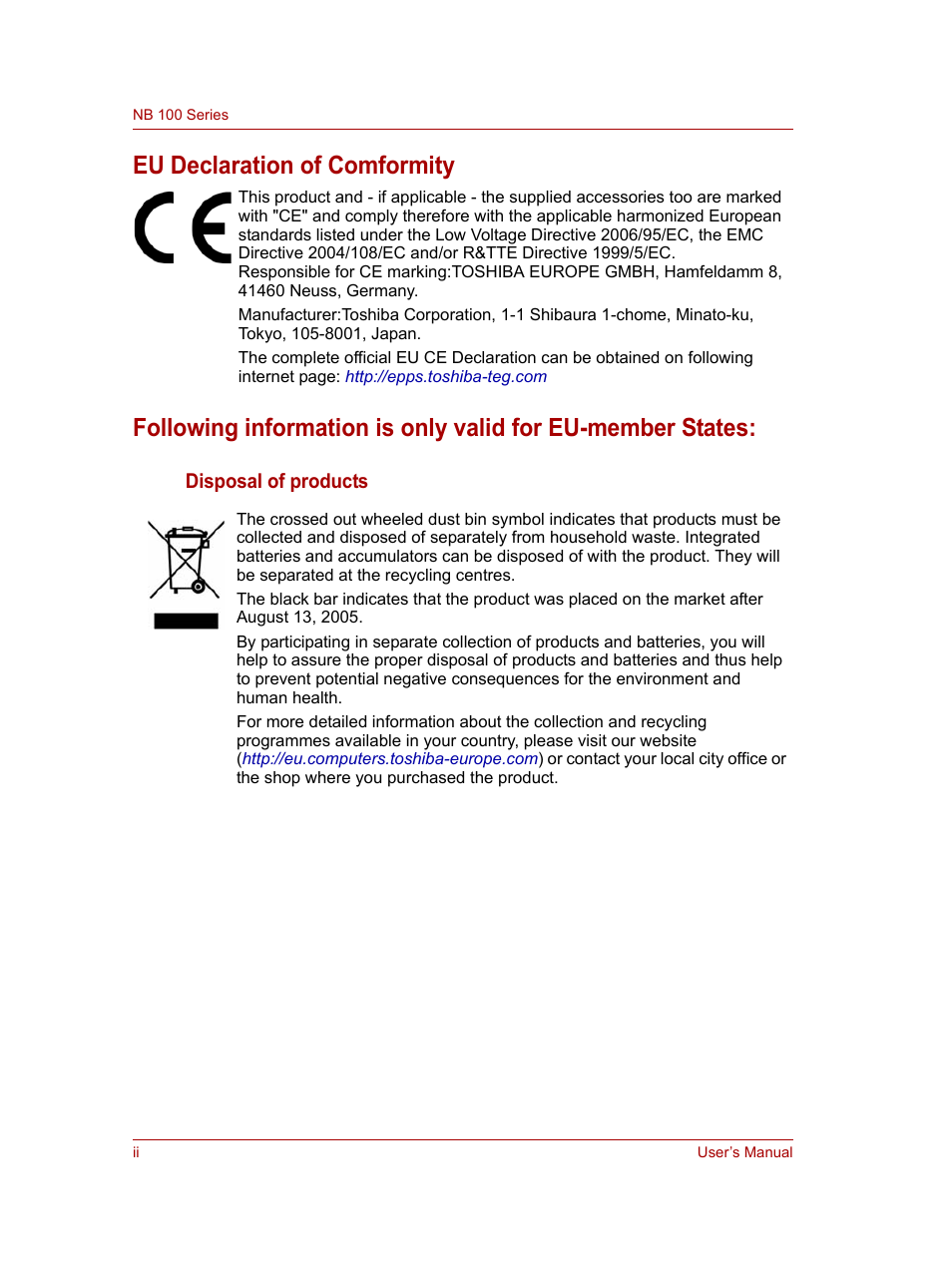 Eu declaration of comformity | Toshiba NB100 User Manual | Page 3 / 127