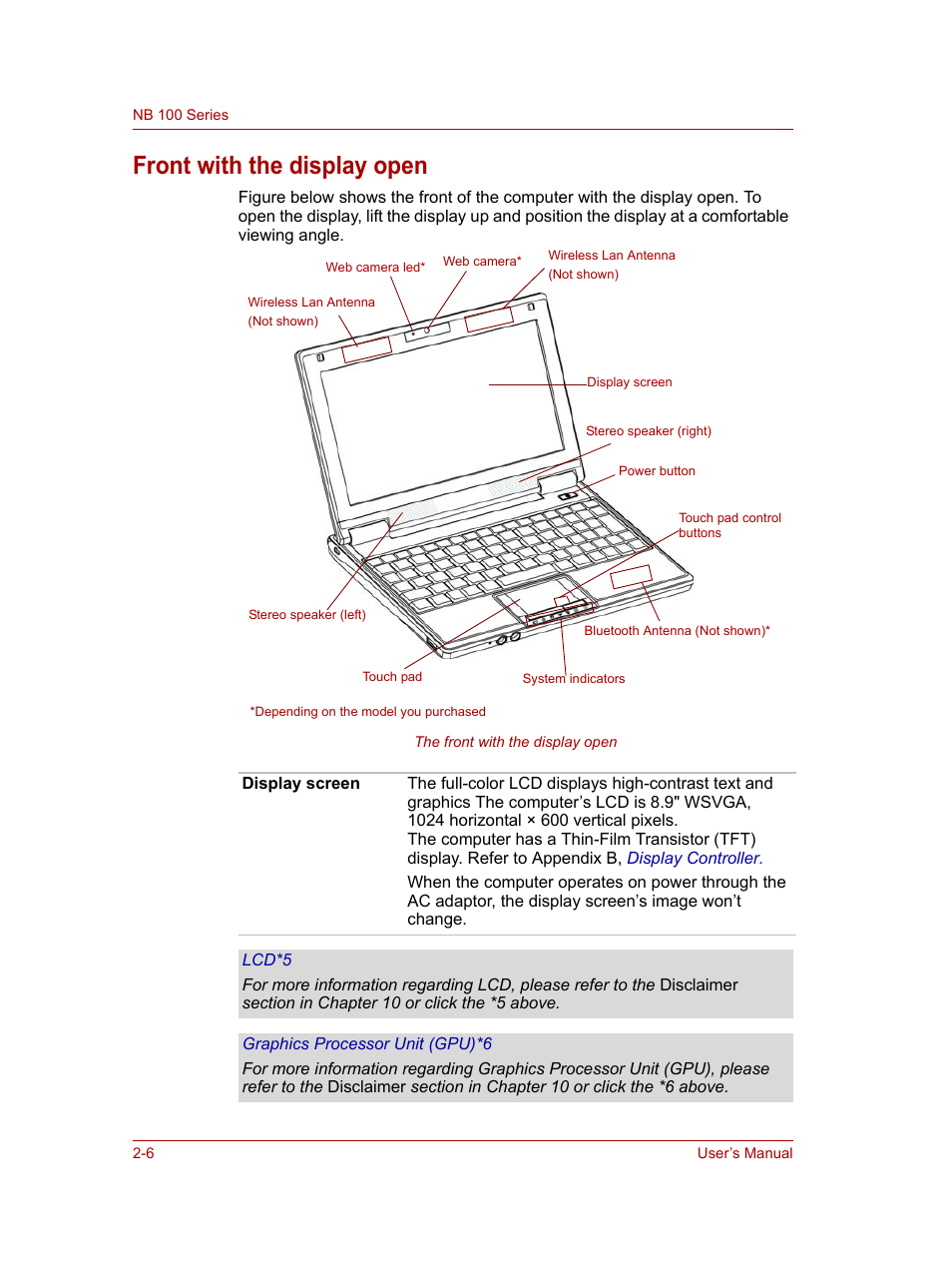 Front with the display open, Front with the display open -6 | Toshiba NB100 User Manual | Page 30 / 127