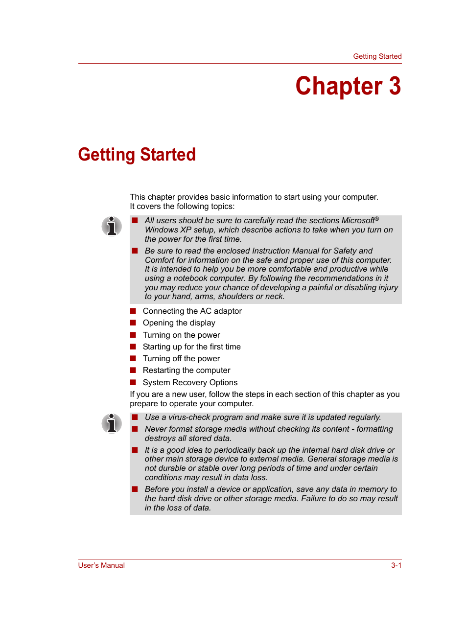 Chapter 3: getting started, Chapter 3, Getting started | Toshiba NB100 User Manual | Page 35 / 127