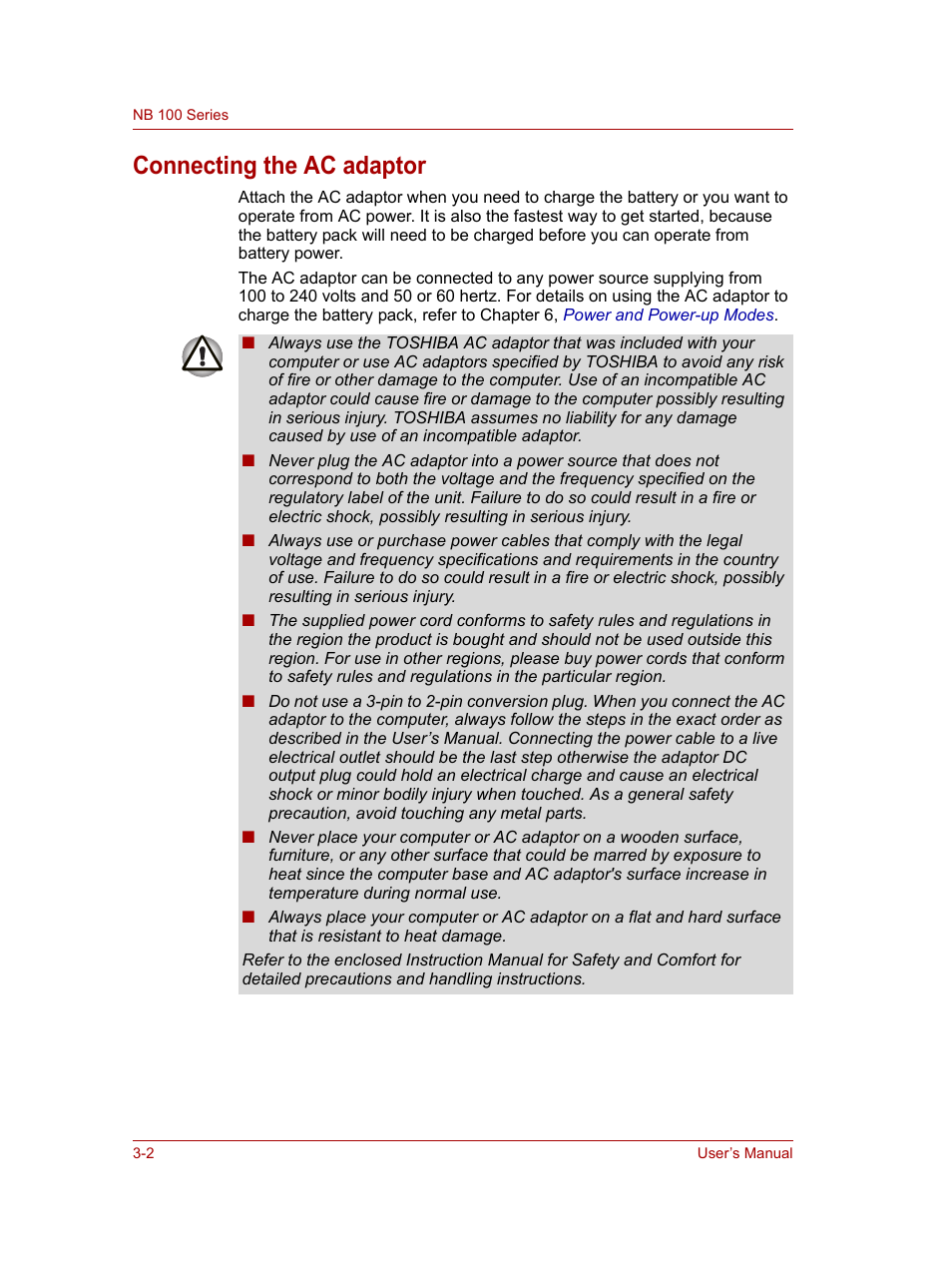 Connecting the ac adaptor, Connecting the ac adaptor -2 | Toshiba NB100 User Manual | Page 36 / 127