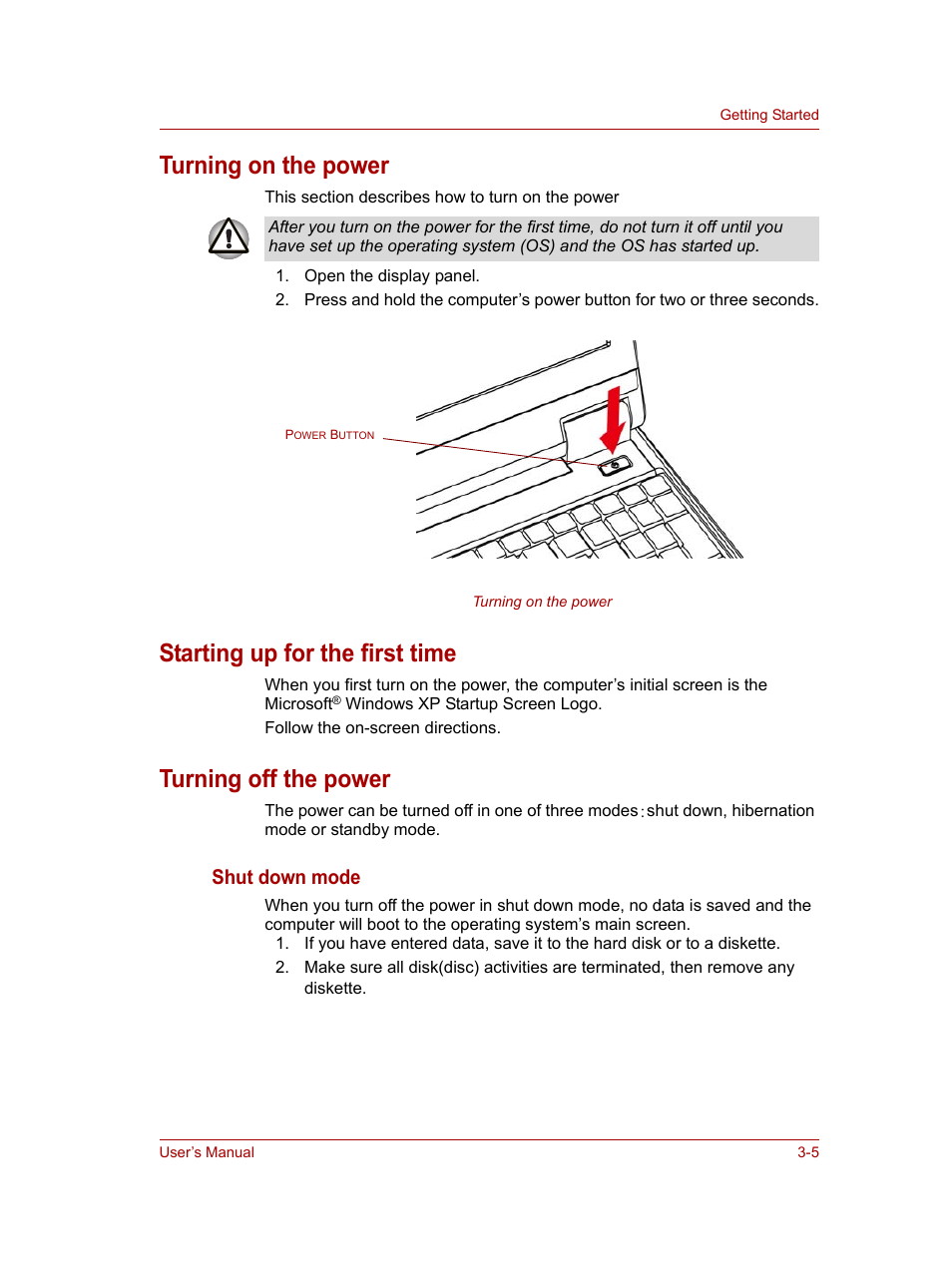 Turning on the power, Starting up for the first time, Turning off the power | Shut down mode | Toshiba NB100 User Manual | Page 39 / 127