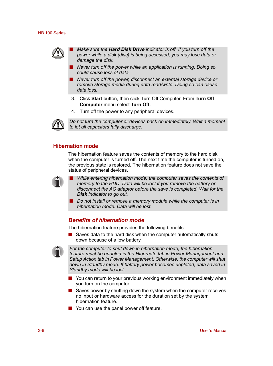 Hibernation mode, Hibernation | Toshiba NB100 User Manual | Page 40 / 127