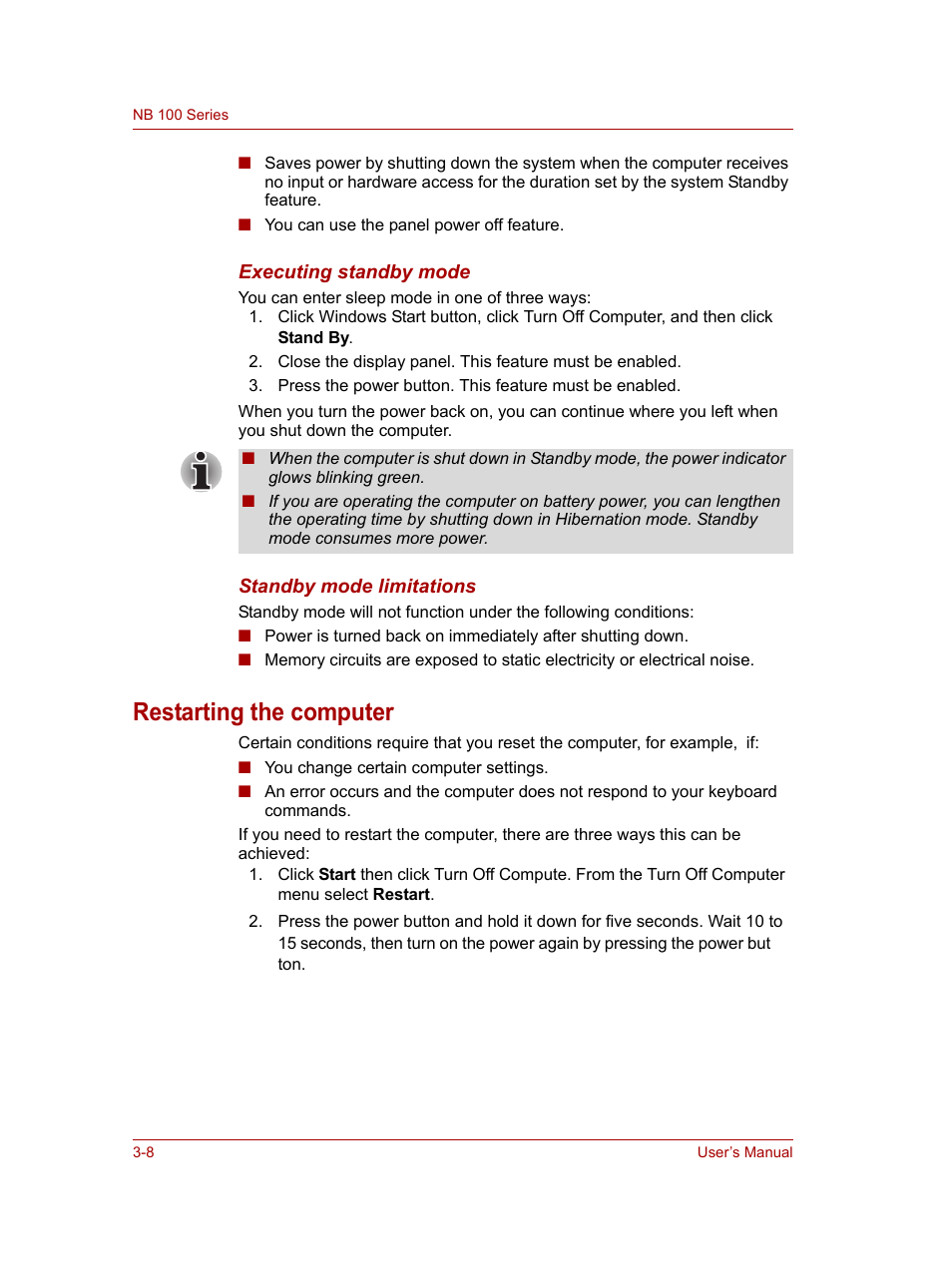 Restarting the computer, Restarting the computer -8 | Toshiba NB100 User Manual | Page 42 / 127