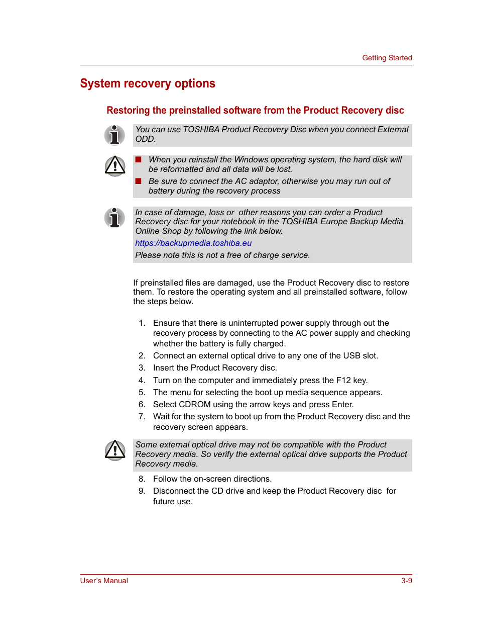 System recovery options, System recovery options -9 | Toshiba NB100 User Manual | Page 43 / 127