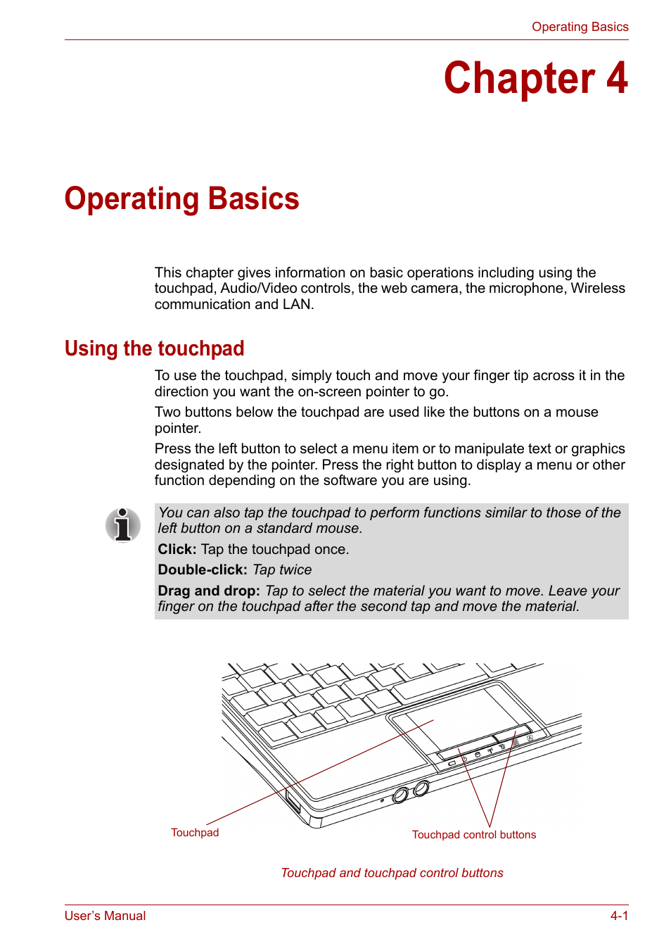 Chapter 4: operating basics, Using the touchpad, Chapter 4 | Operating basics, Using the touchpad -1 | Toshiba NB100 User Manual | Page 45 / 127