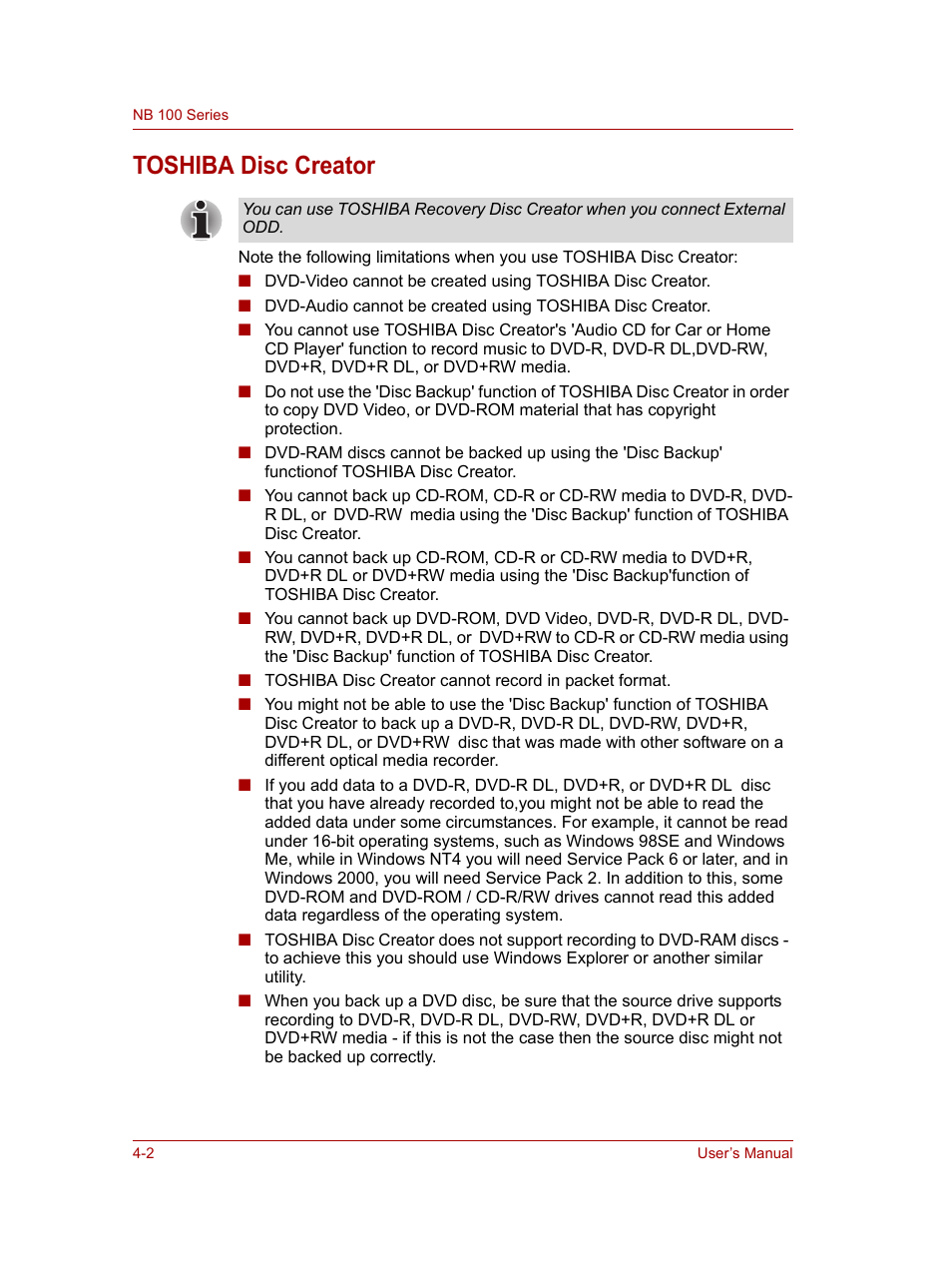 Toshiba disc creator, Toshiba disc creator -2 | Toshiba NB100 User Manual | Page 46 / 127