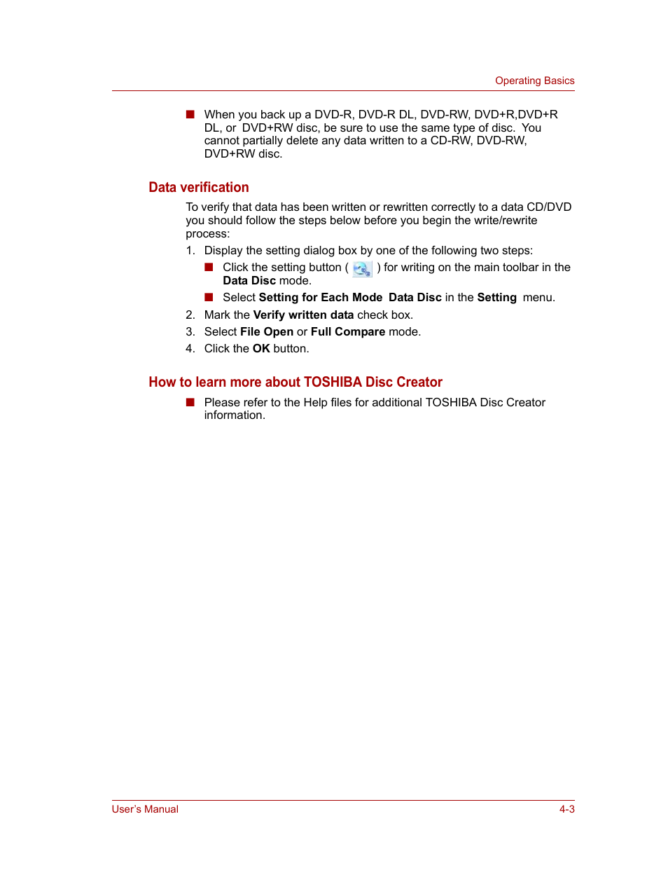 Data verification, How to learn more about toshiba disc creator | Toshiba NB100 User Manual | Page 47 / 127