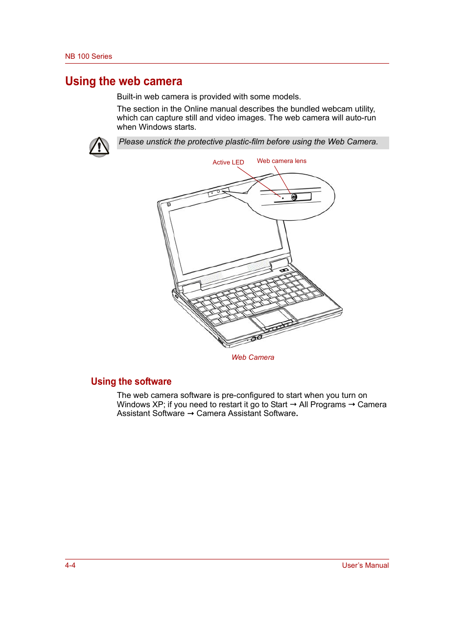 Using the web camera, Using the web camera -4, Using the software | Toshiba NB100 User Manual | Page 48 / 127