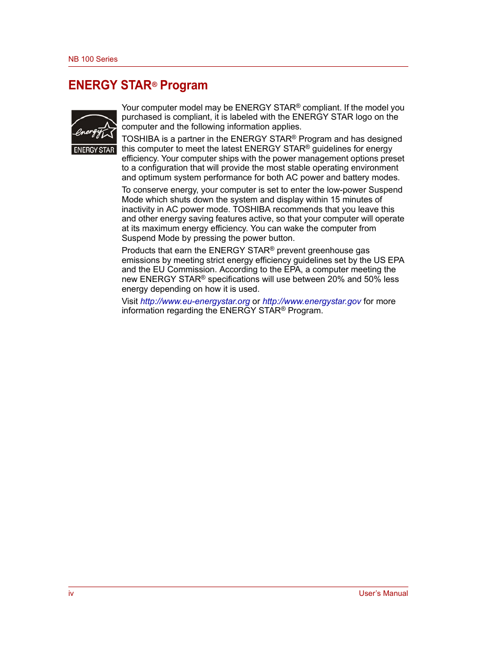 Energy star, Program | Toshiba NB100 User Manual | Page 5 / 127