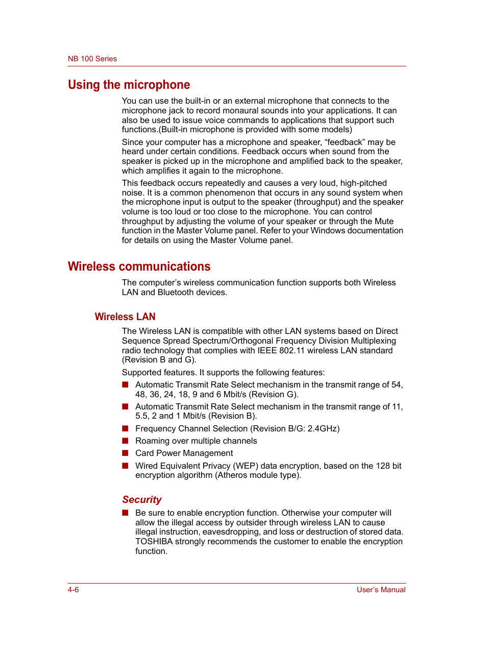 Using the microphone, Wireless communications, Using the microphone -6 wireless communications -6 | Wireless lan | Toshiba NB100 User Manual | Page 50 / 127