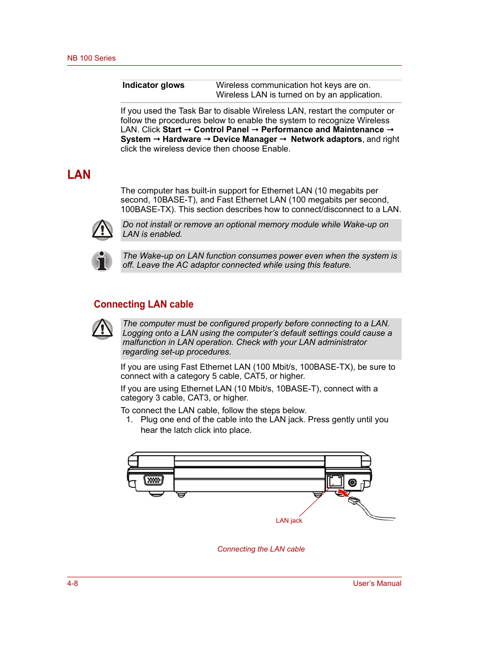 Lan -8, Connecting lan cable | Toshiba NB100 User Manual | Page 52 / 127