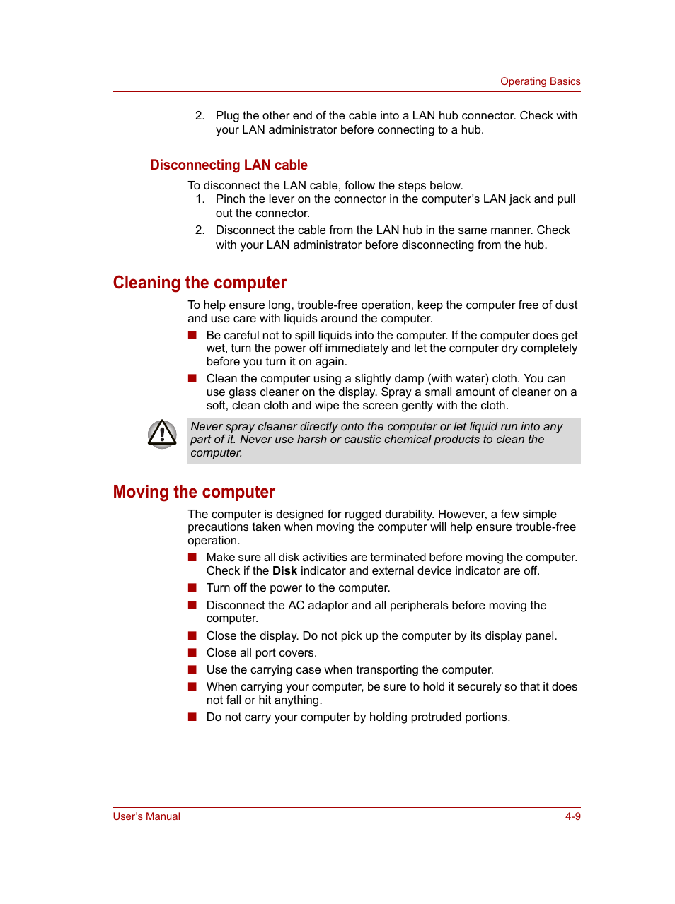 Cleaning the computer, Moving the computer, Cleaning the computer -9 | Moving the computer -9, Disconnecting lan cable | Toshiba NB100 User Manual | Page 53 / 127