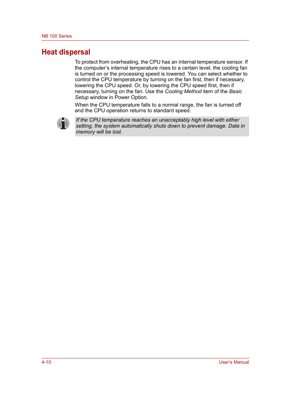 Heat dispersal, Heat dispersal -10 | Toshiba NB100 User Manual | Page 54 / 127