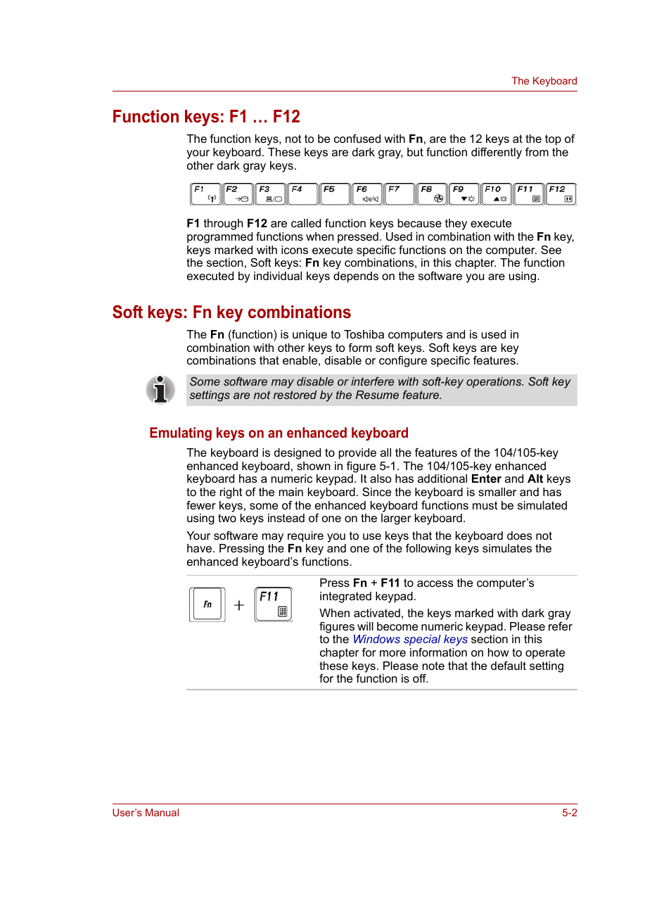 Function keys: f1 … f12, Soft keys: fn key combinations, Emulating keys on an enhanced keyboard | Toshiba NB100 User Manual | Page 56 / 127