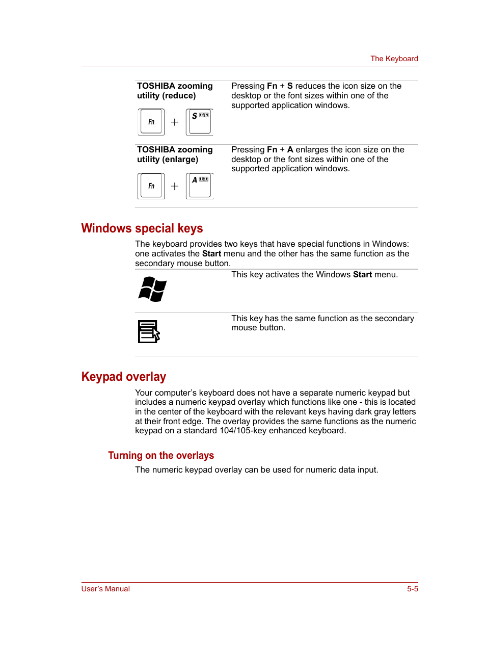 Windows special keys, Keypad overlay, Windows special keys -5 keypad overlay -5 | Toshiba NB100 User Manual | Page 59 / 127