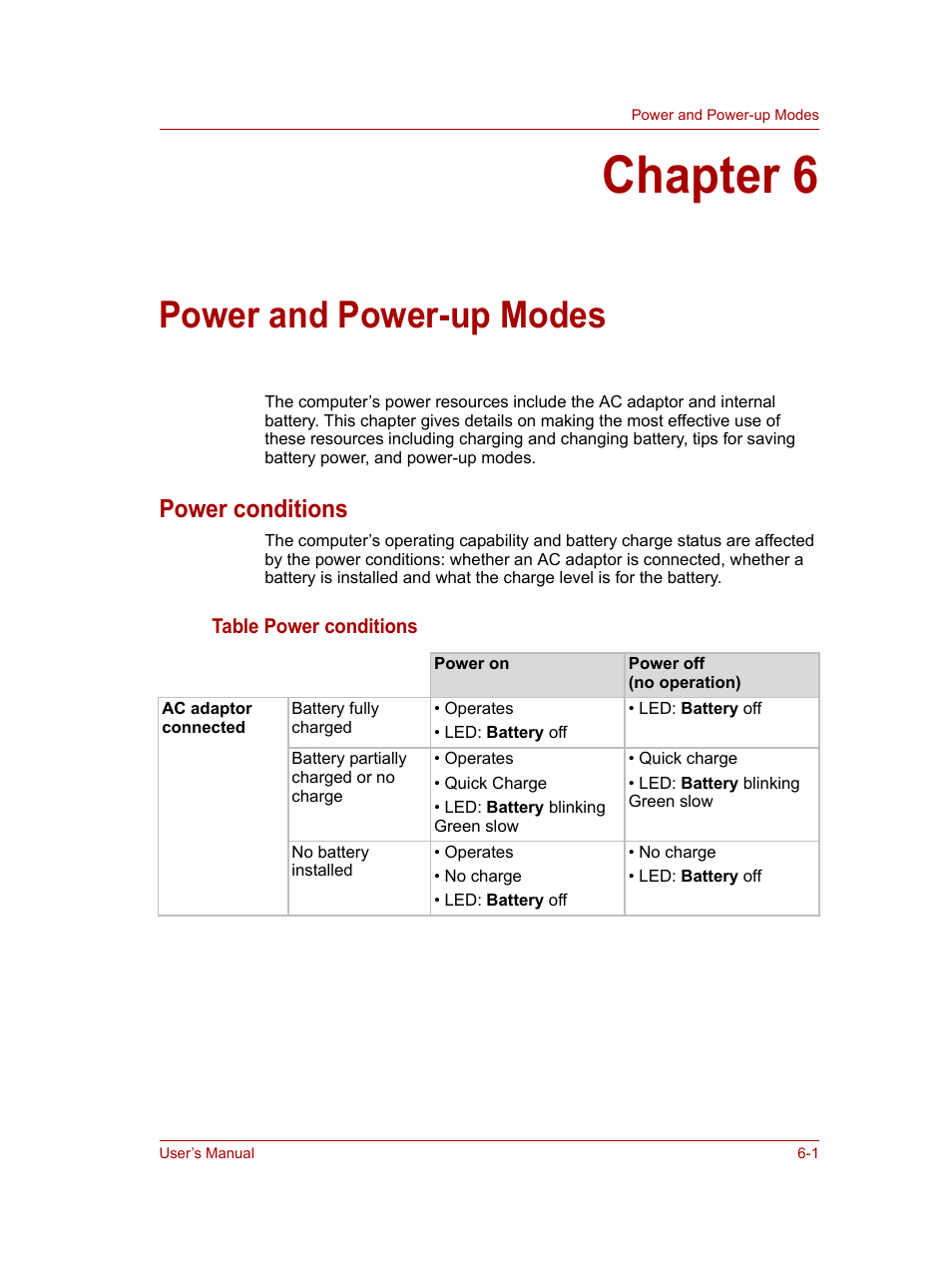 Chapter 6: power and power-up modes, Power conditions, Chapter 6 | Power and power-up modes, Power conditions -1 | Toshiba NB100 User Manual | Page 62 / 127