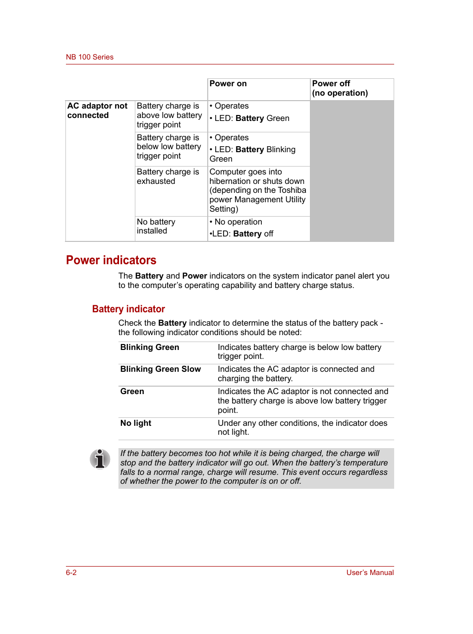 Power indicators, Power indicators -2, Battery indicator | Toshiba NB100 User Manual | Page 63 / 127