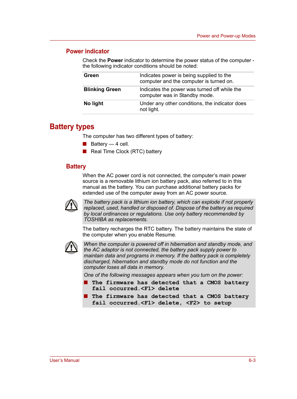 Battery types, Battery types -3, Power indicator | Battery | Toshiba NB100 User Manual | Page 64 / 127