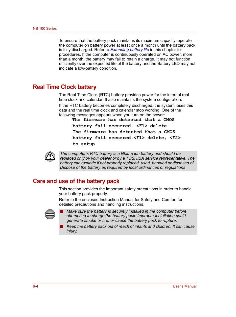 Real time clock battery, Care and use of the battery pack | Toshiba NB100 User Manual | Page 65 / 127