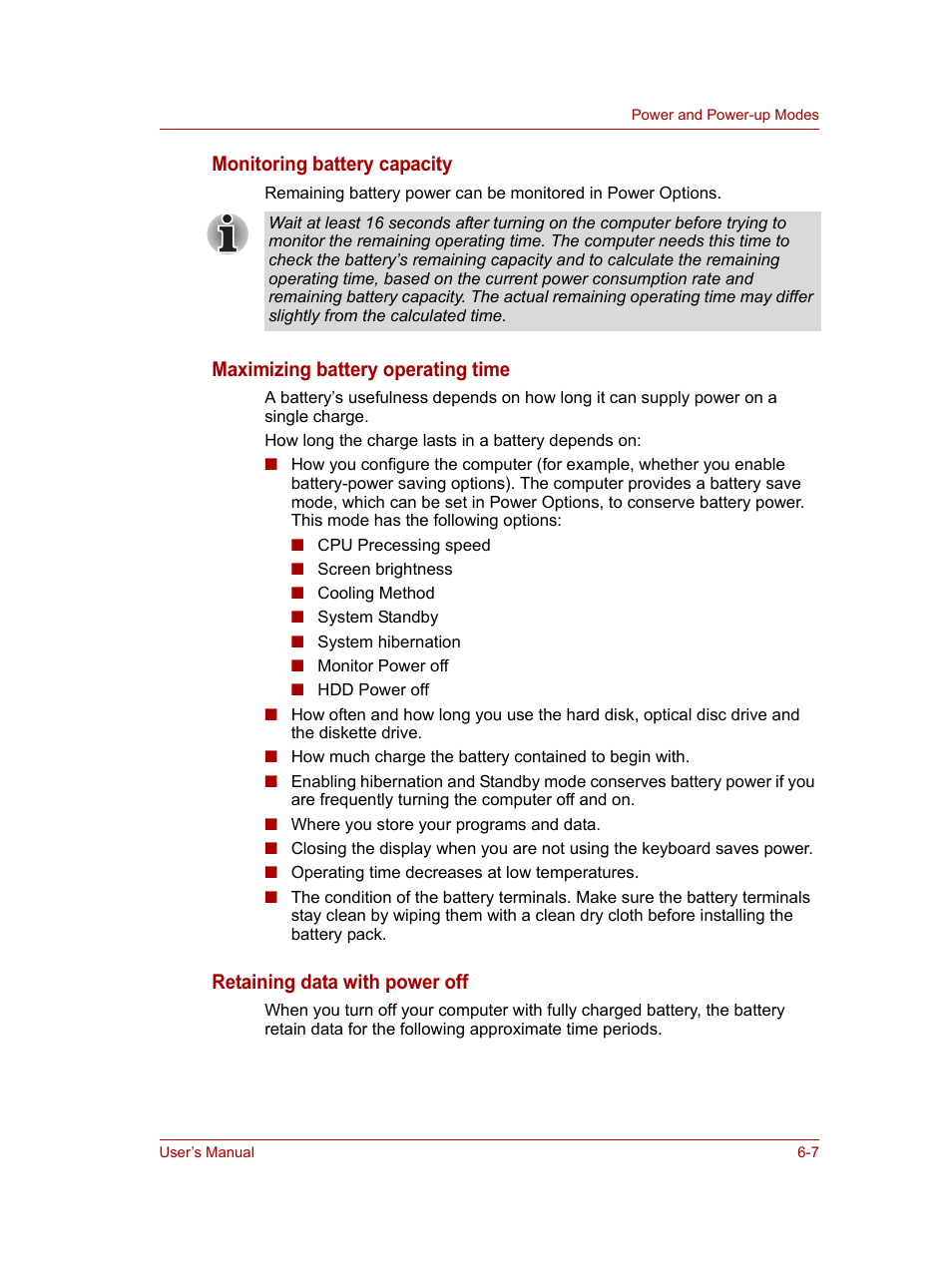 Monitoring battery capacity, Maximizing battery operating time, Retaining data with power off | Toshiba NB100 User Manual | Page 68 / 127