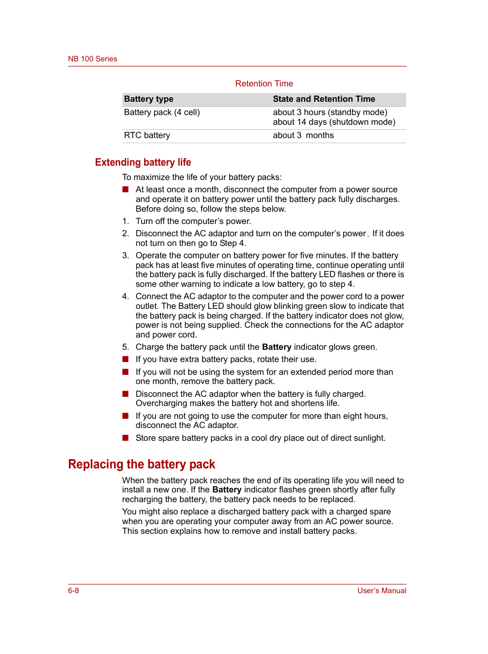 Replacing the battery pack, Replacing the battery pack -8, Extending battery life | Toshiba NB100 User Manual | Page 69 / 127