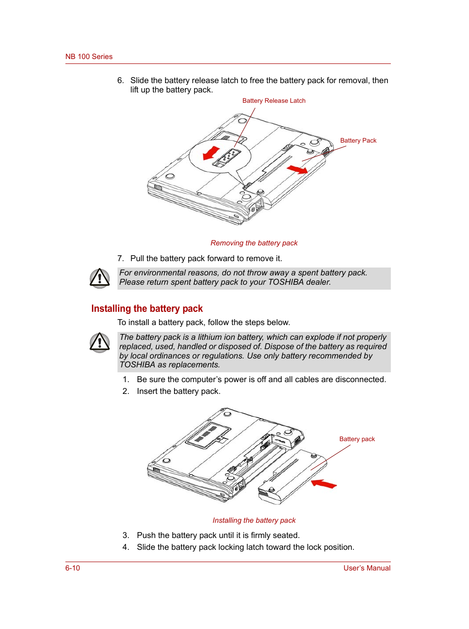 Installing the battery pack | Toshiba NB100 User Manual | Page 71 / 127