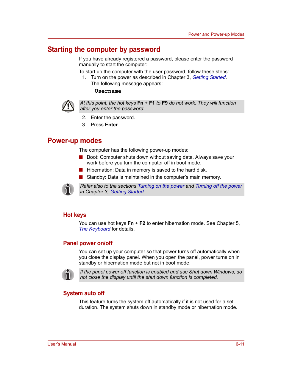 Starting the computer by password, Power-up modes | Toshiba NB100 User Manual | Page 72 / 127