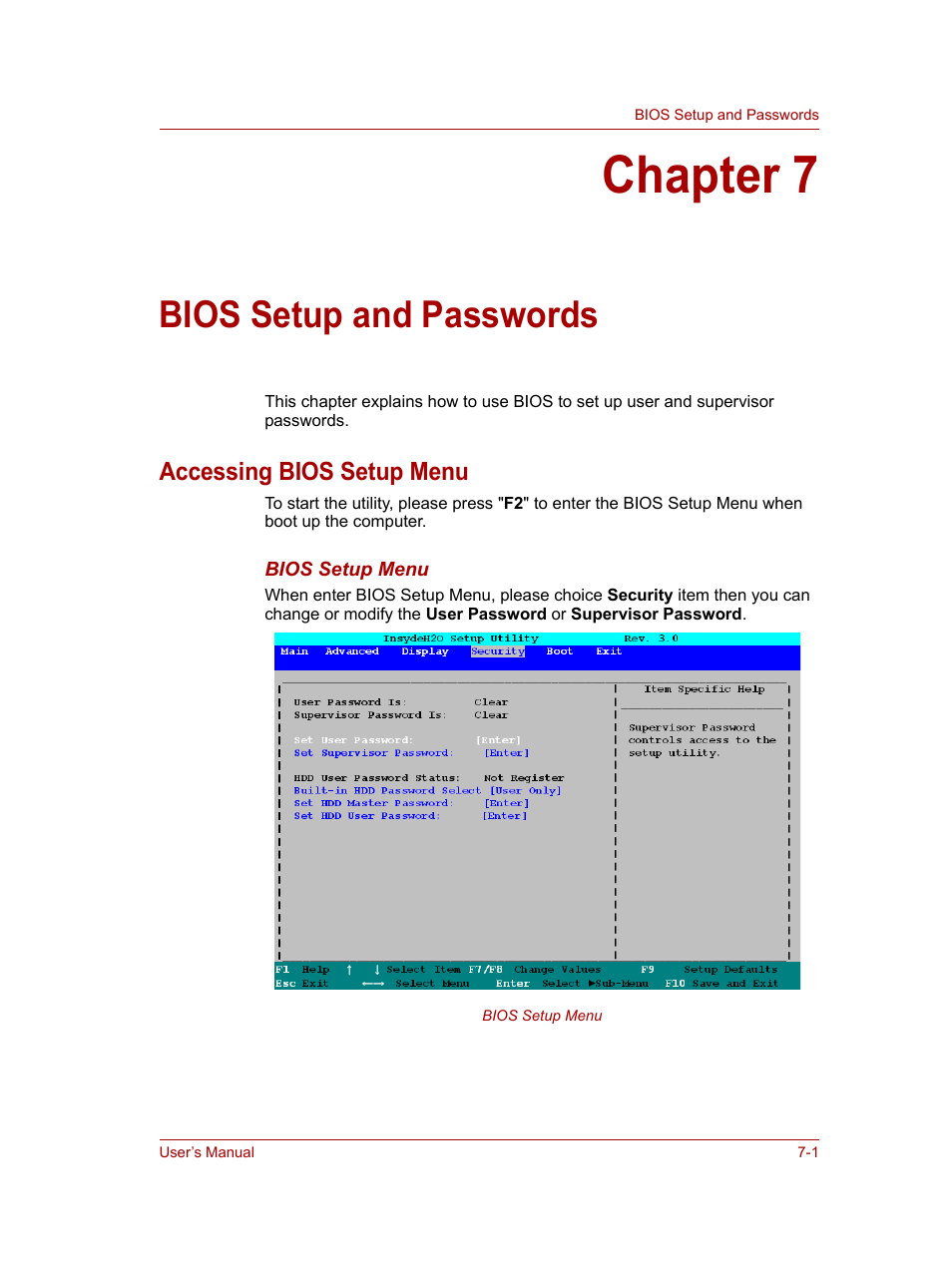 Chapter 7: bios setup and passwords, Accessing bios setup menu, Chapter 7 | Bios setup and passwords, Accessing bios setup menu -1, Read, Bios setup and, Passwords, Expla | Toshiba NB100 User Manual | Page 74 / 127