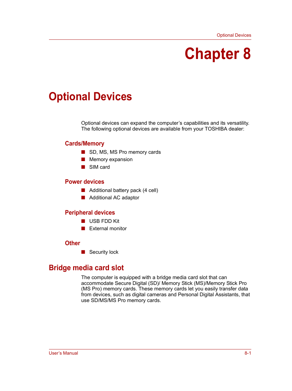 Chapter 8: optional devices, Bridge media card slot, Chapter 8 | Optional devices, Bridge media card slot -1 | Toshiba NB100 User Manual | Page 78 / 127