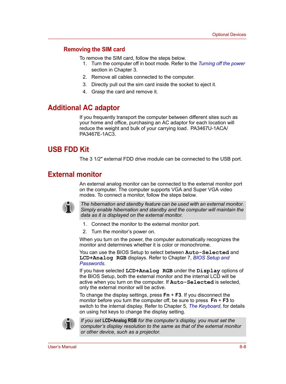 Additional ac adaptor, Usb fdd kit, External monitor | Toshiba NB100 User Manual | Page 85 / 127